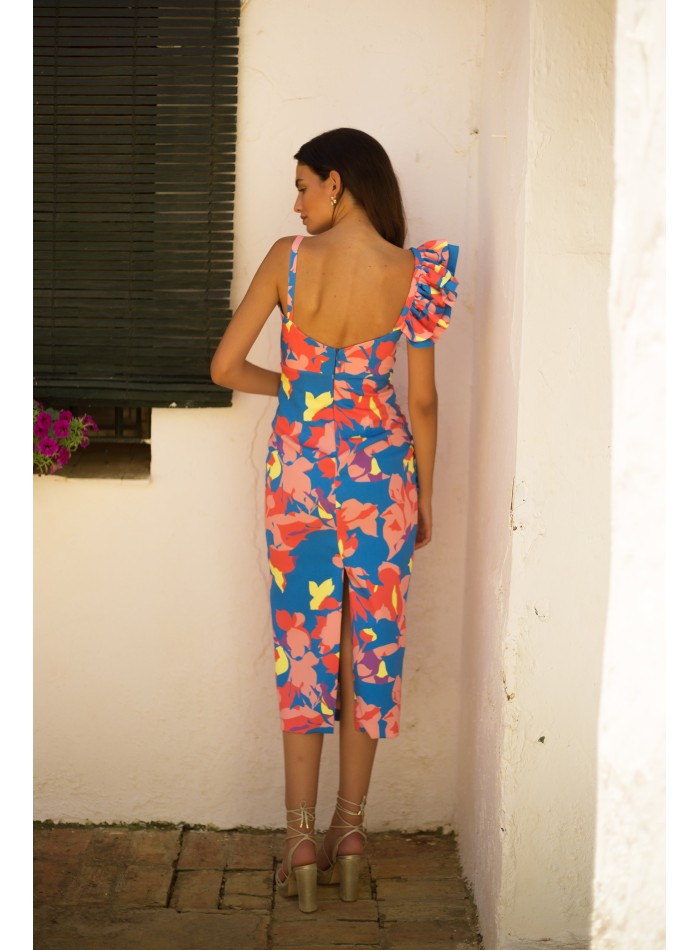 Robe de soirée midi à imprimé tropical avec...