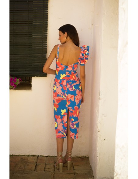 Vestido de fiesta midi estampado tropical con volante doble