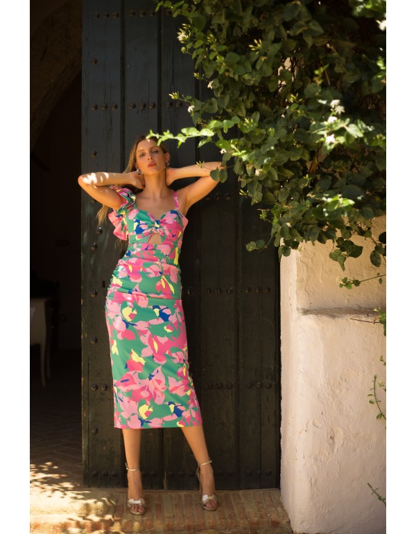 Vestido midi de fiesta estampado asimétrico con detalle...