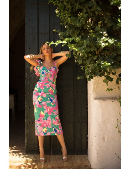 Asymmetrical printed midi party dress with ruffle detail and ruffle on the chest