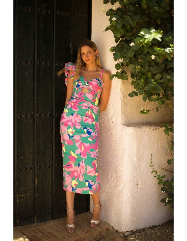 Robe de soirée midi imprimée asymétrique avec détail de... 2