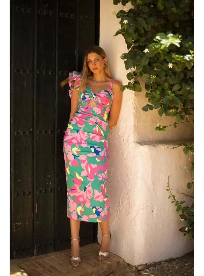 Robe de soirée midi imprimée asymétrique avec...