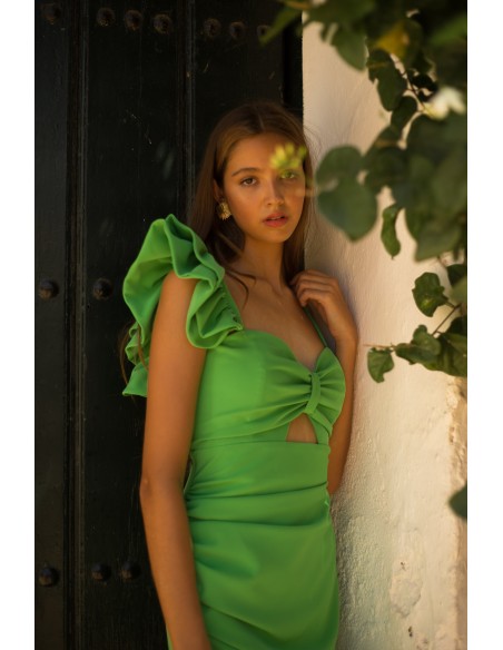 Vestido midi asimétrico con volante doble en el hombro