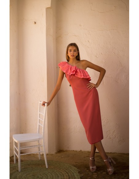 Vestido de fiesta midi con maxi volante de satén