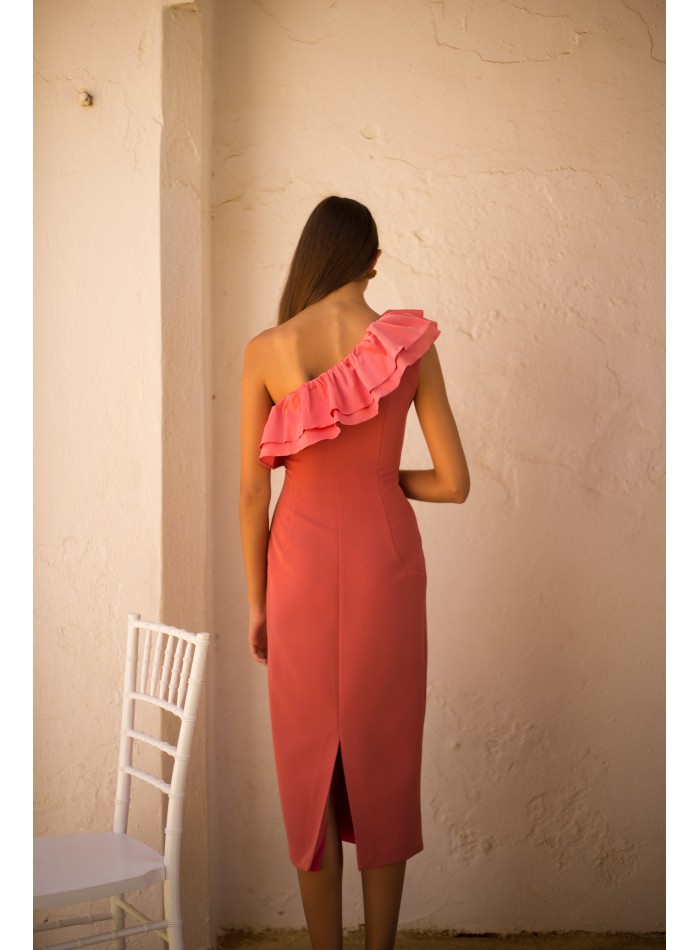 Vestido de fiesta midi con maxi volante de satén