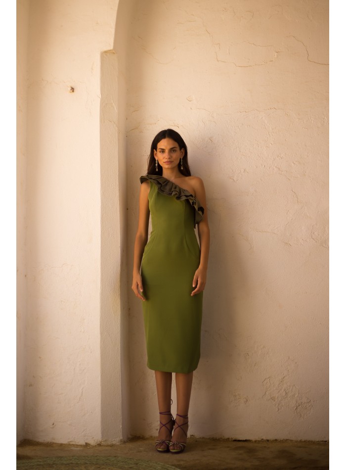 Midi party dress with asymmetrical neckline and...