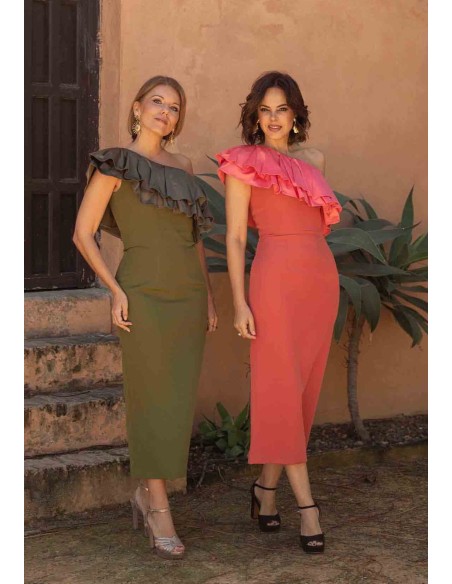 Midi party dress with asymmetrical neckline and maxi flounce
