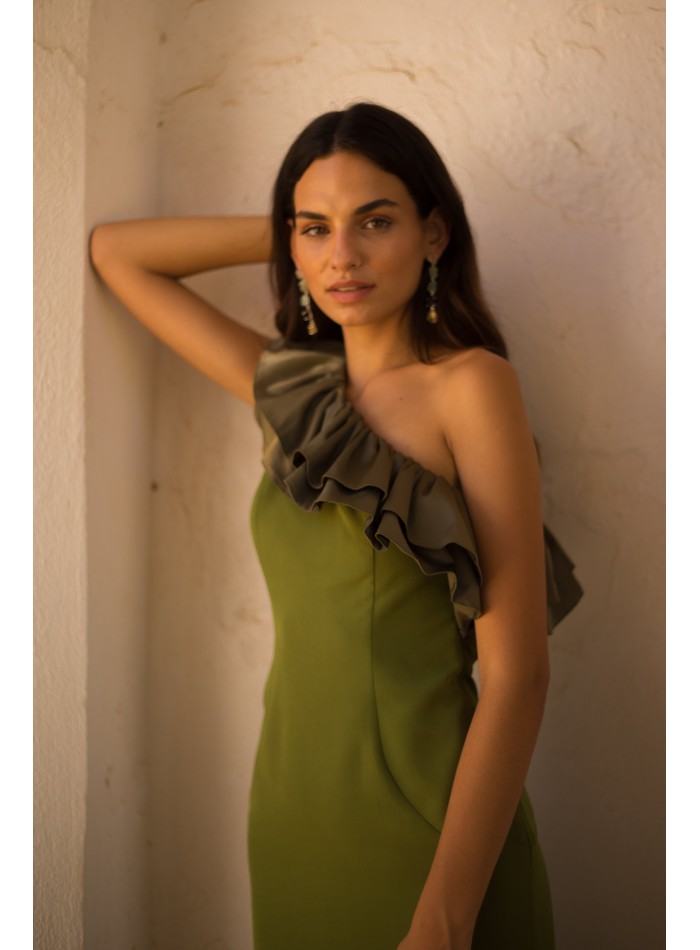 Midi party dress with asymmetrical neckline and...