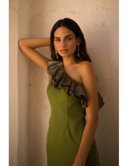 Vestido midi de fiesta con escote asimétrico y maxi volante