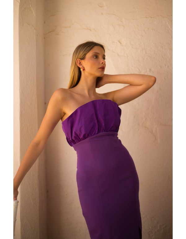 Robe de soirée midi violette avec encolure en taffetas à...
