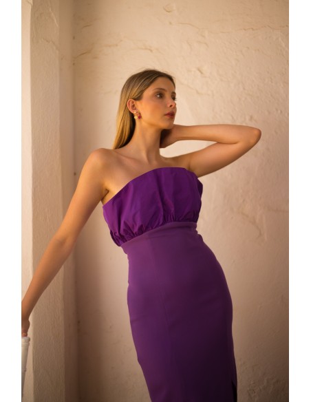 Purple midi party dress with ruffled taffeta neckline