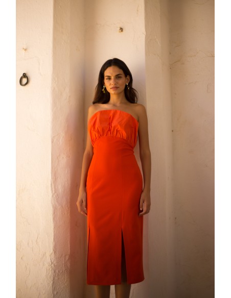 Robe de soirée midi orange avec volant en taffetas froissé
