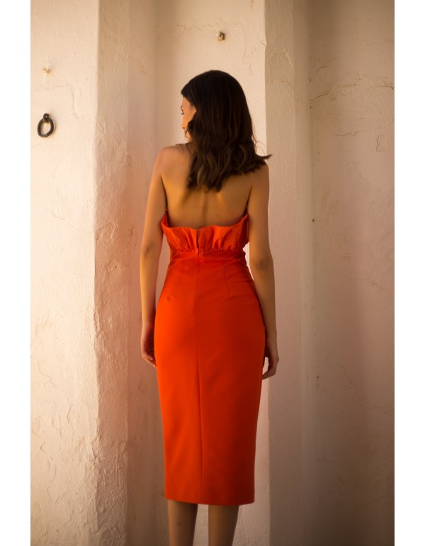Vestido midi de fiesta naranja con volante tafetán arrugado 2