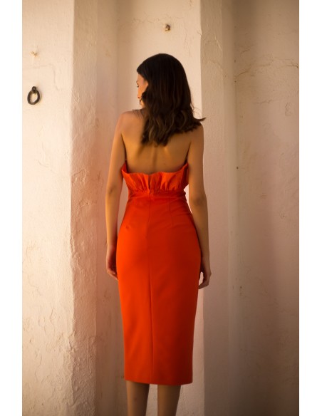 Orange midi party dress with crinkled taffeta ruffle