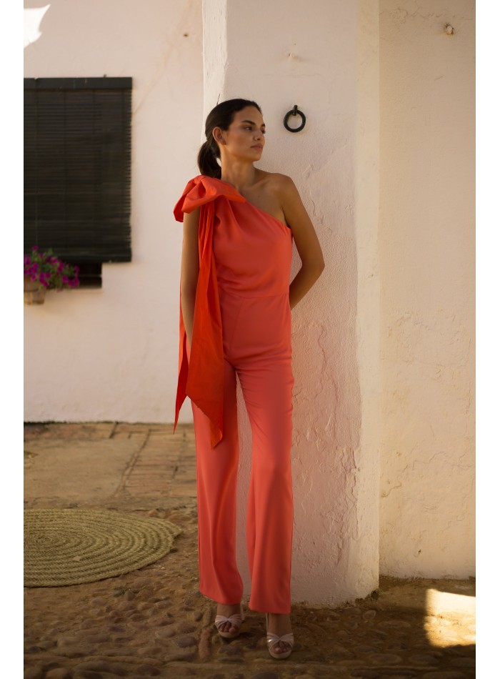 Long party jumpsuit with asymmetrical neckline...
