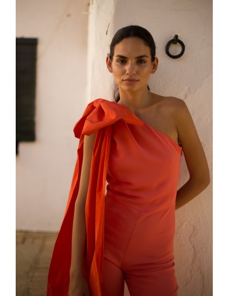 Long party jumpsuit with asymmetrical neckline and maxi lacing