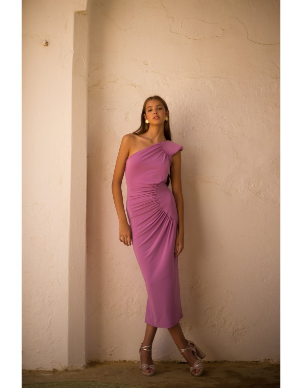 Purple midi party dress with asymmetrical neckline and...