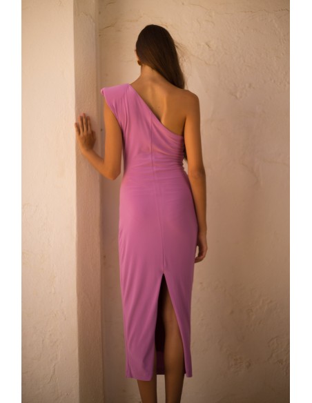 Purple midi party dress with asymmetrical neckline and draped bodice