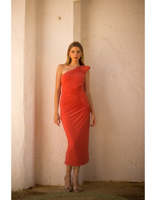 Orange knitted midi party dress with a shoulder pad