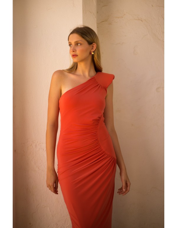 Vestido de fiesta midi naranja de punto con hombrera 2