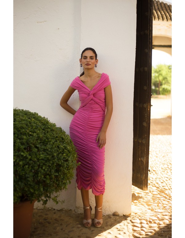 Draped midi dress with a crossed bandeau neckline