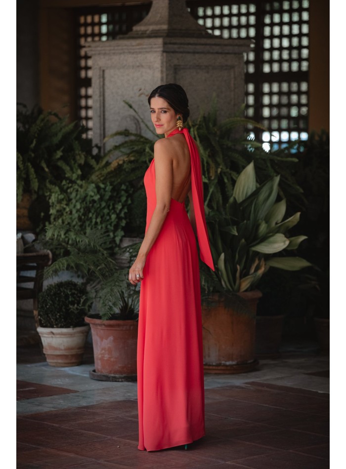 Long party dress with crossover halter neckline