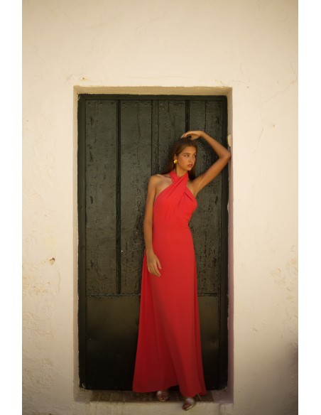Long party dress with crossover halter neckline