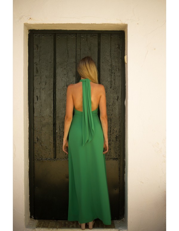 Long party dress with crossover halter neckline 2