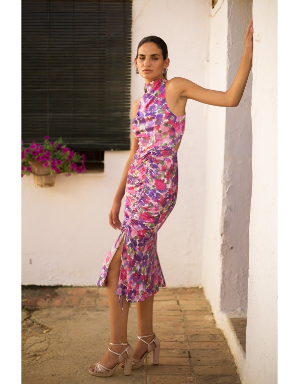 Satin midi party dress with floral print