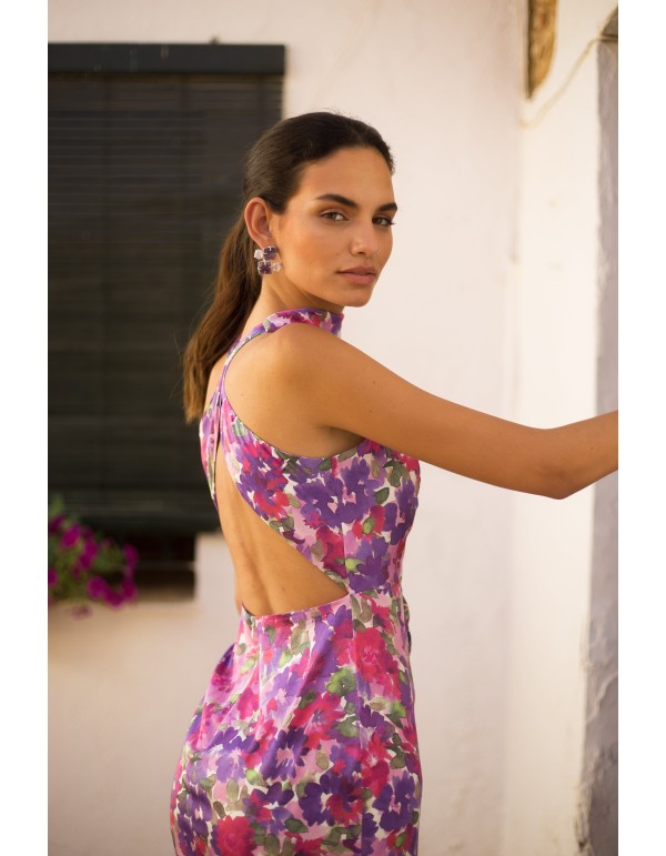 Vestido de fiesta midi satinado con estampado de flores 2