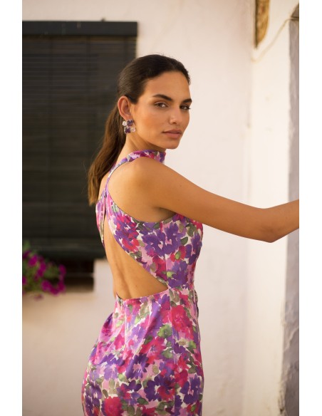 Vestido de fiesta midi satinado con estampado de flores
