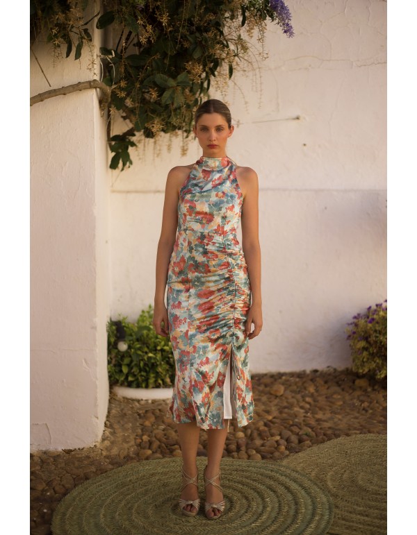 Vestido de fiesta midi estampado con escote halter