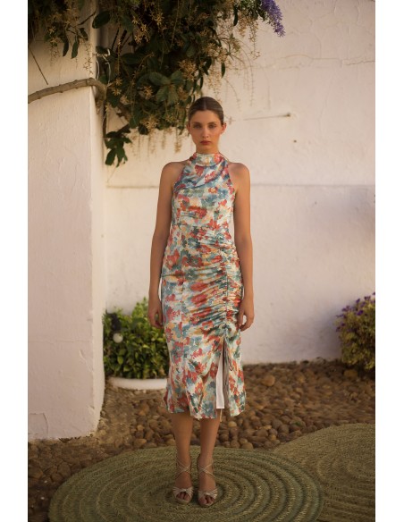 Printed midi party dress with halter neckline