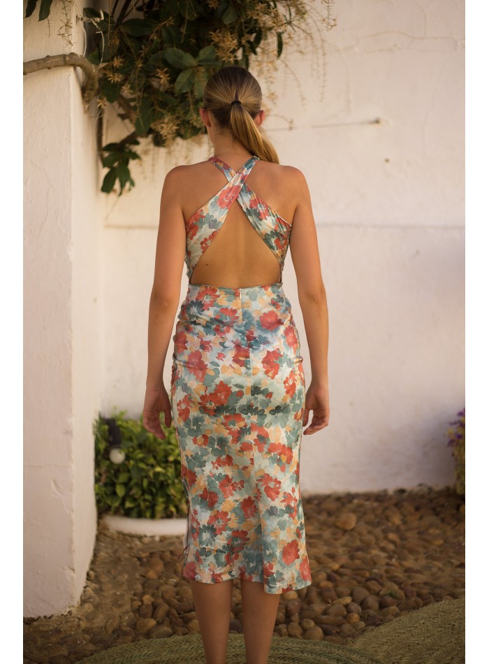 Printed midi party dress with halter neckline