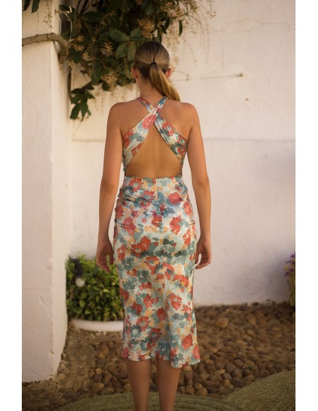 Robe de soirée midi imprimée avec encolure dos nu