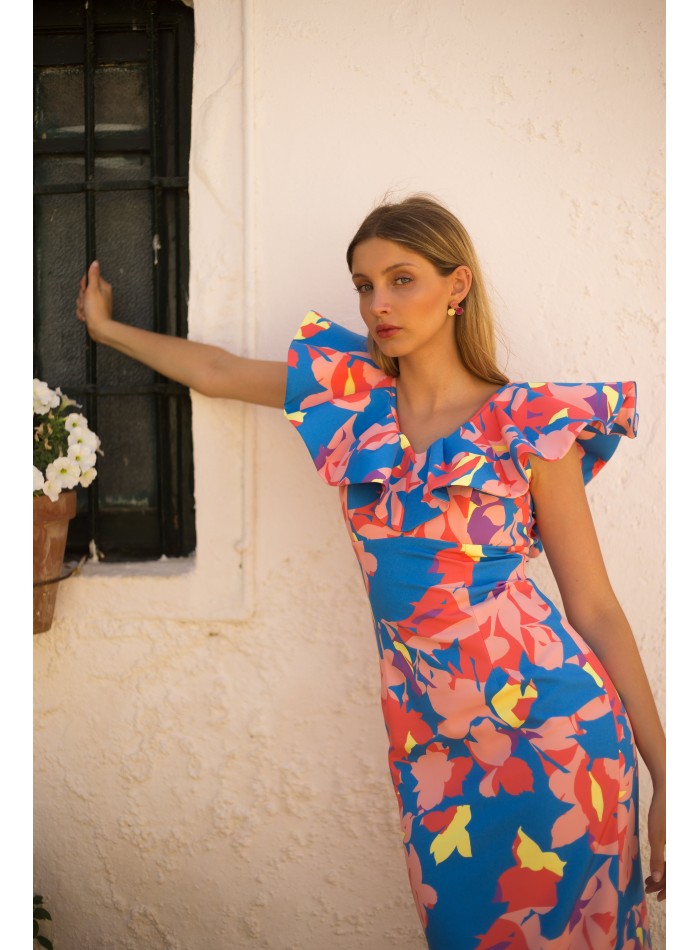 Midi party dress with maxi ruffle neckline