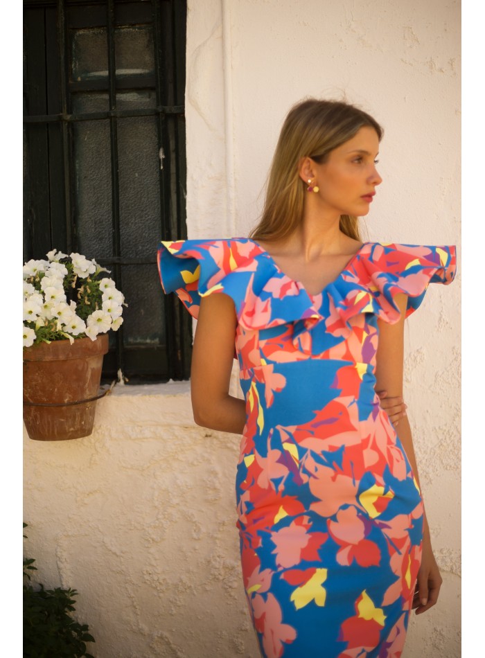 Robe de soirée midi avec encolure à volants maxi