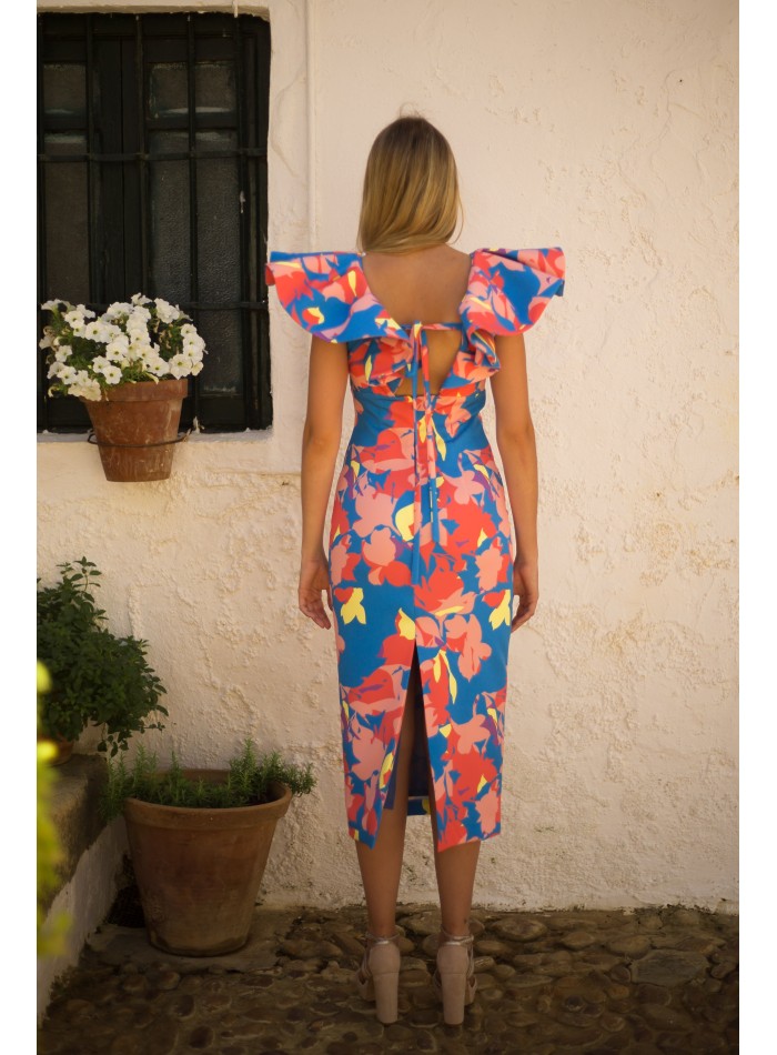 Robe de soirée midi avec encolure à volants maxi