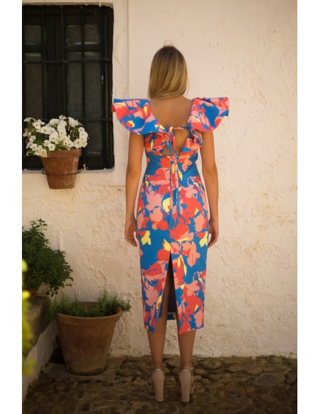 Midi party dress with maxi ruffle neckline