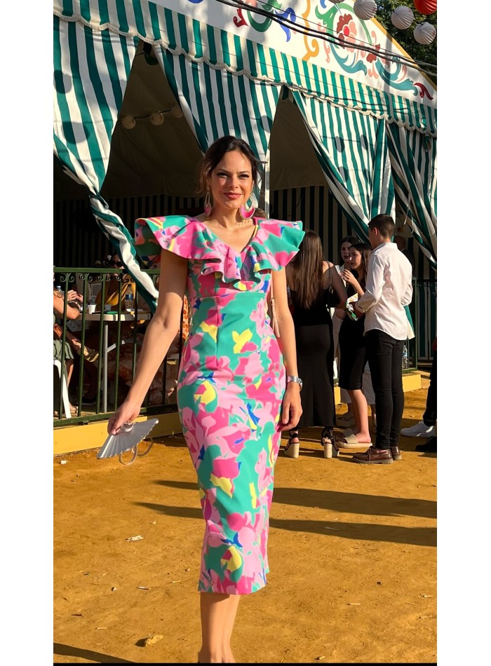 Tropical floral print midi party dress