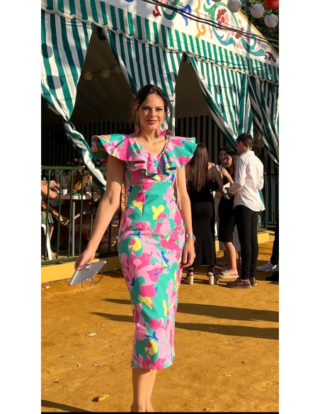 Tropical floral print midi party dress