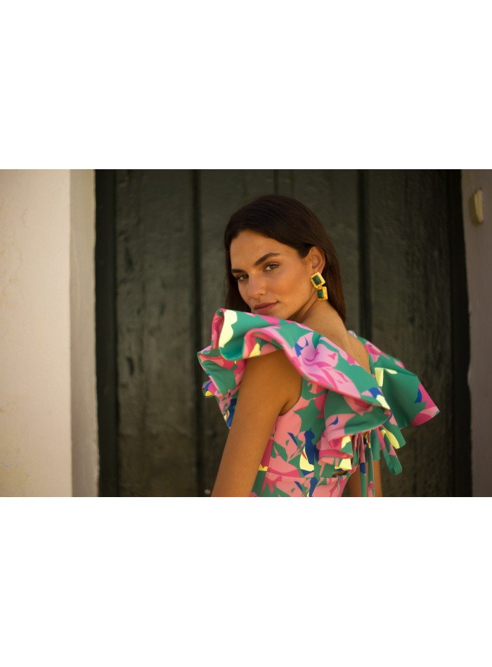 Robe de soirée midi à imprimé floral tropical