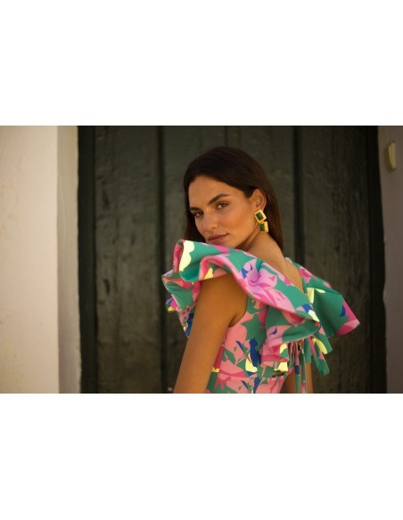 Tropical floral print midi party dress