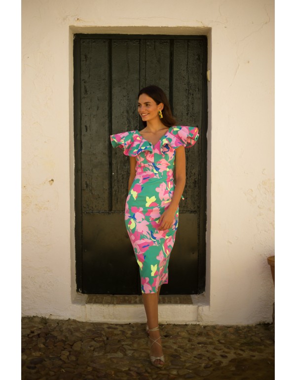 Robe de soirée midi à imprimé floral tropical 2