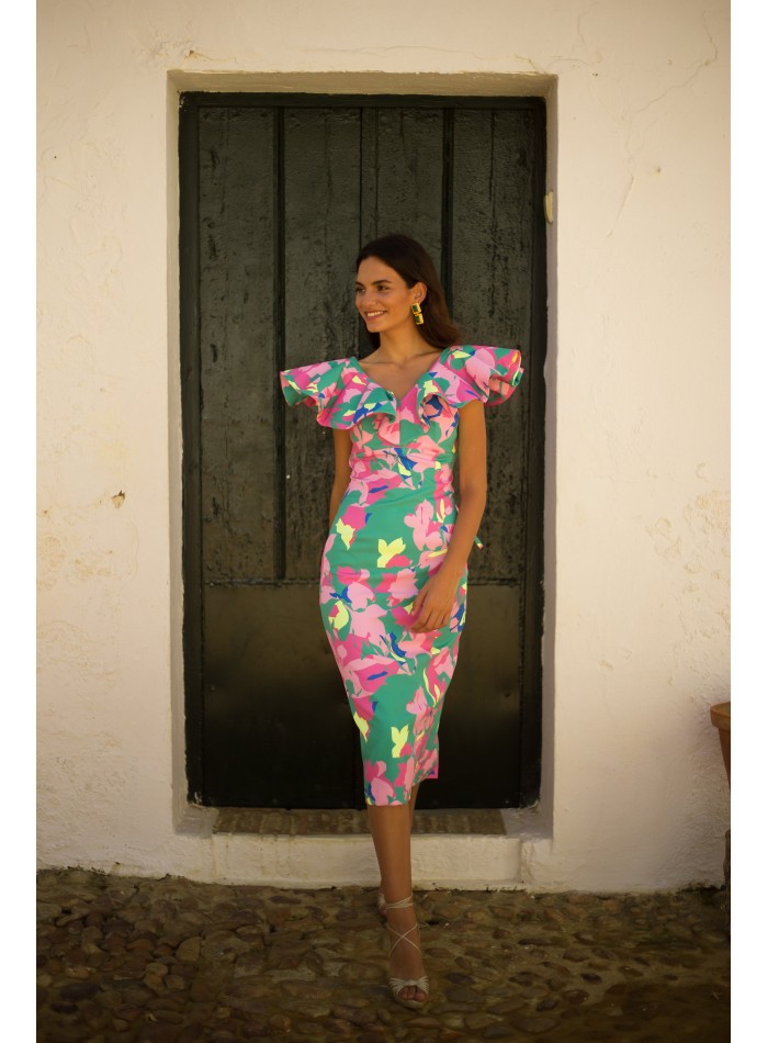 Vestido midi de fiesta estampado floral tropical
