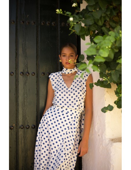 Ensemble Top et Jupe croisée à volants à pois