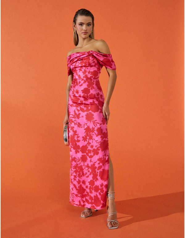Long party dress with floral print and bardot neckline 2