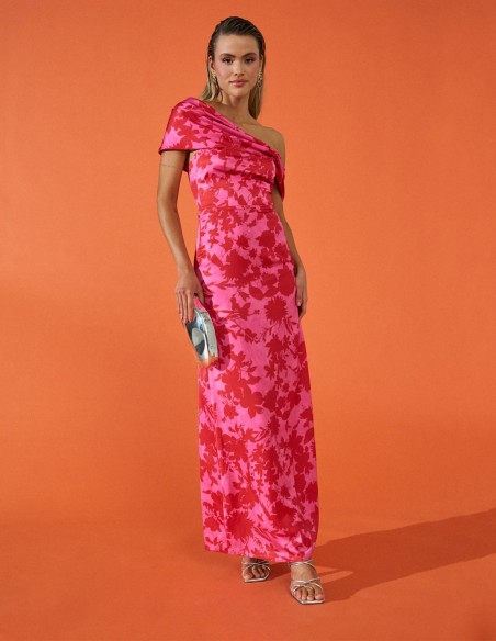 Robe longue de fête avec imprimé floral et encolure bardot