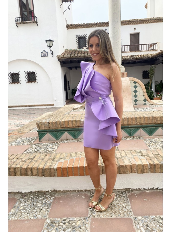 Short party dress with maxi ruffle and jewel...