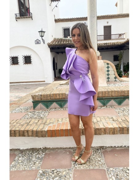 Short party dress with maxi ruffle and jewel embellishment